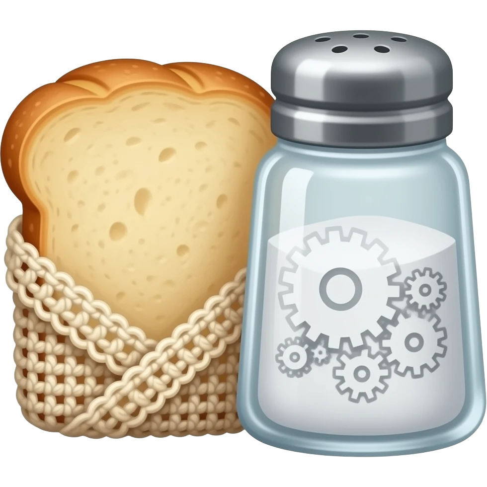 steampunk style - a small cut-out peasant bread wrapped in crocheted fabric, next to which stands a large glass salt shaker emoji