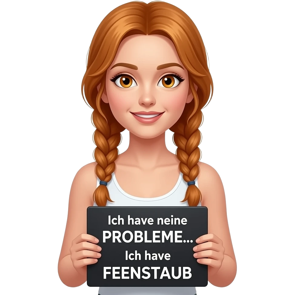 sexy girl with long ginger braids and ginger eyes wearing a white tanktop holds a black sign with Ich habe keine PROBLEME... Ich habe FEENSTAUB written on it emoji