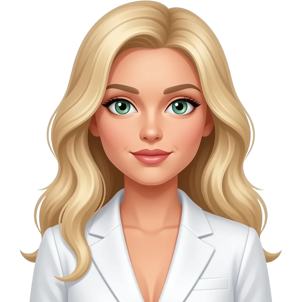 Beautiful blonde Western model with long golden hair and green eyes, elegant features and a stylish white outfit. emoji