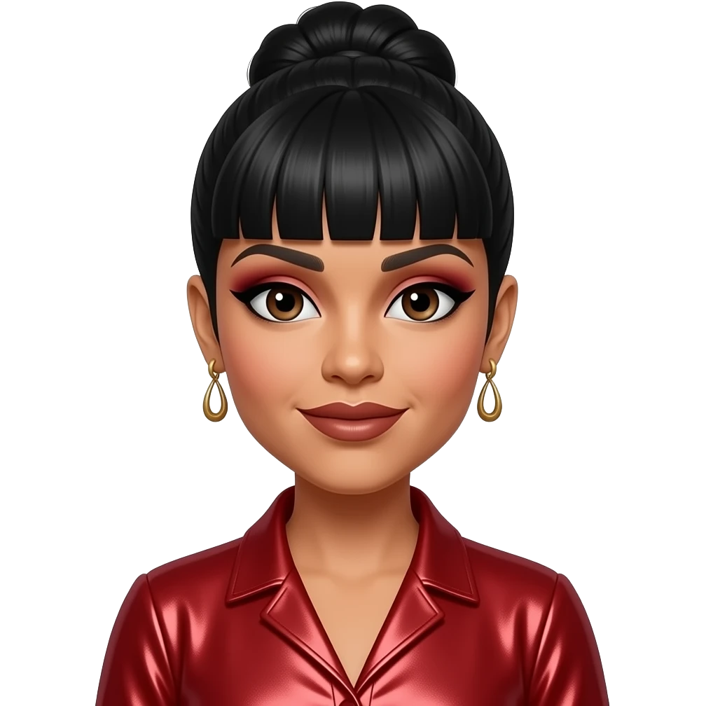 Lisa Left Eye Lopes from TLC with dark brown eyes, black bang hair with updo, red eyeshadow, brown lipstick, red metallic blouse, earrings emoji