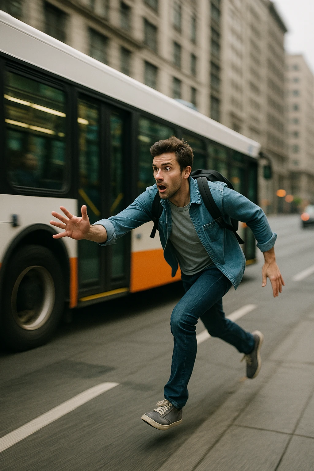 a man running to catch a bus, dynamic pose, urban setting emoji