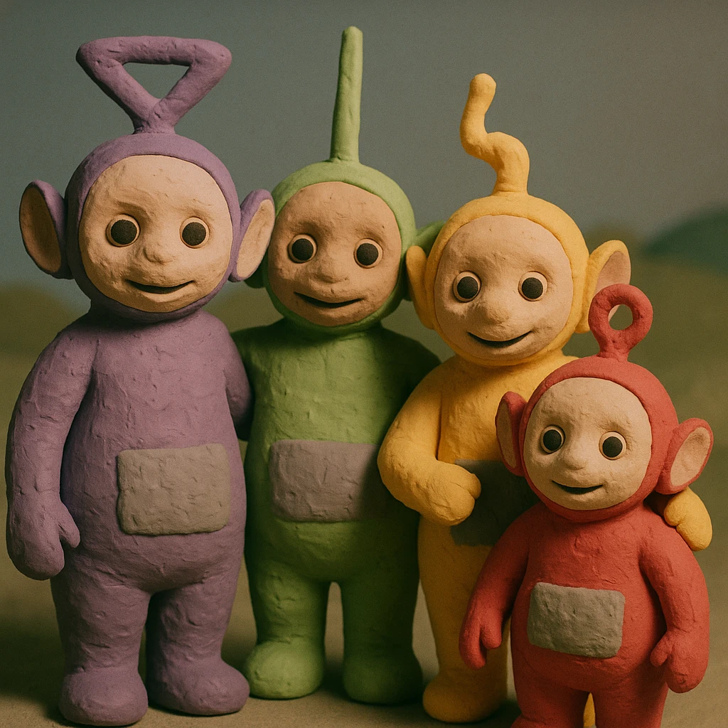 Teletubbies in 3D claymation style, soft pastel colors, visible texture, grouped in a friendly pose emoji