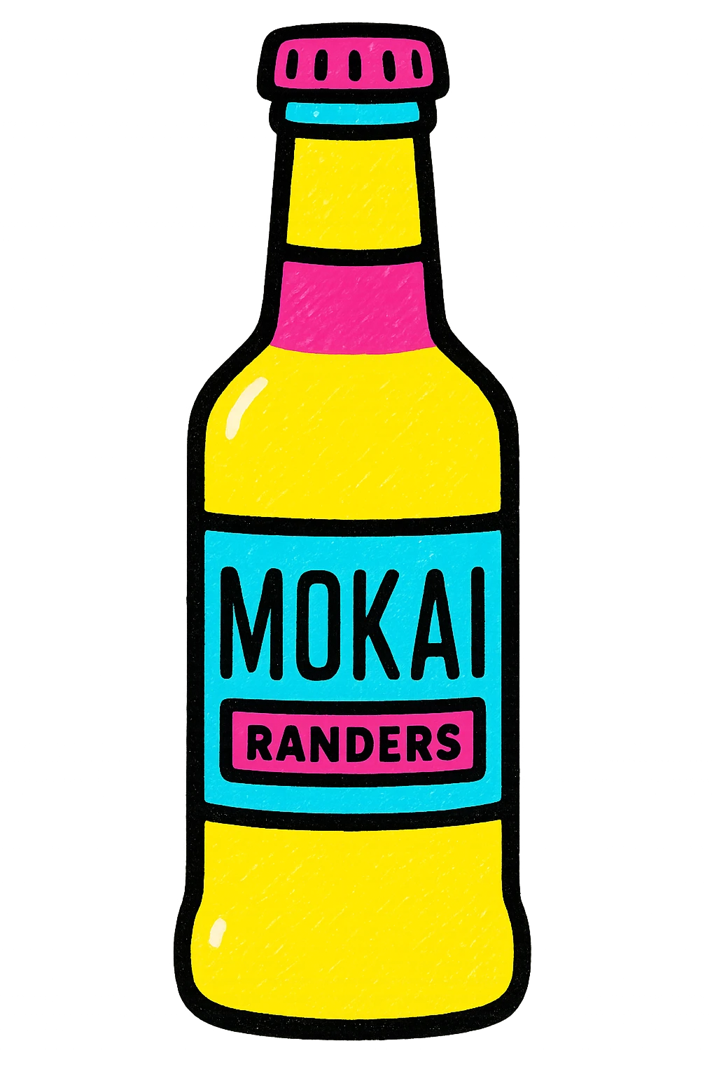 colorful pop-art inspired Mokai bottle from Randers, with Mokai logo and attributeGroup as owner, no background emoji