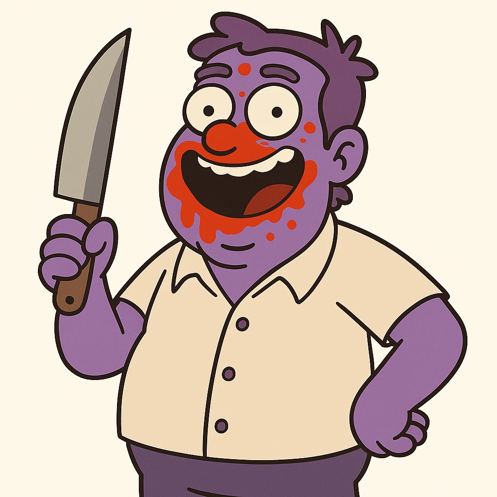 Edit the image of a man to have purple skin, keep everything else as in the original, cartoon style, holding a knife, ketchup on the face, funny expression, white background. emoji