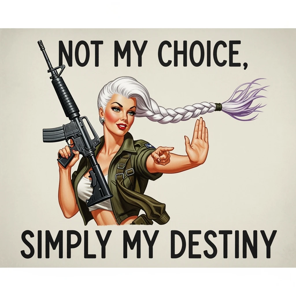 a retro military pinup fuselage decoration for the motto " not my choice, simply my destiny "
the female figure in the pinup image wears a single white braid with lavender tips, breaching, m16, "stop" handsignal emoji