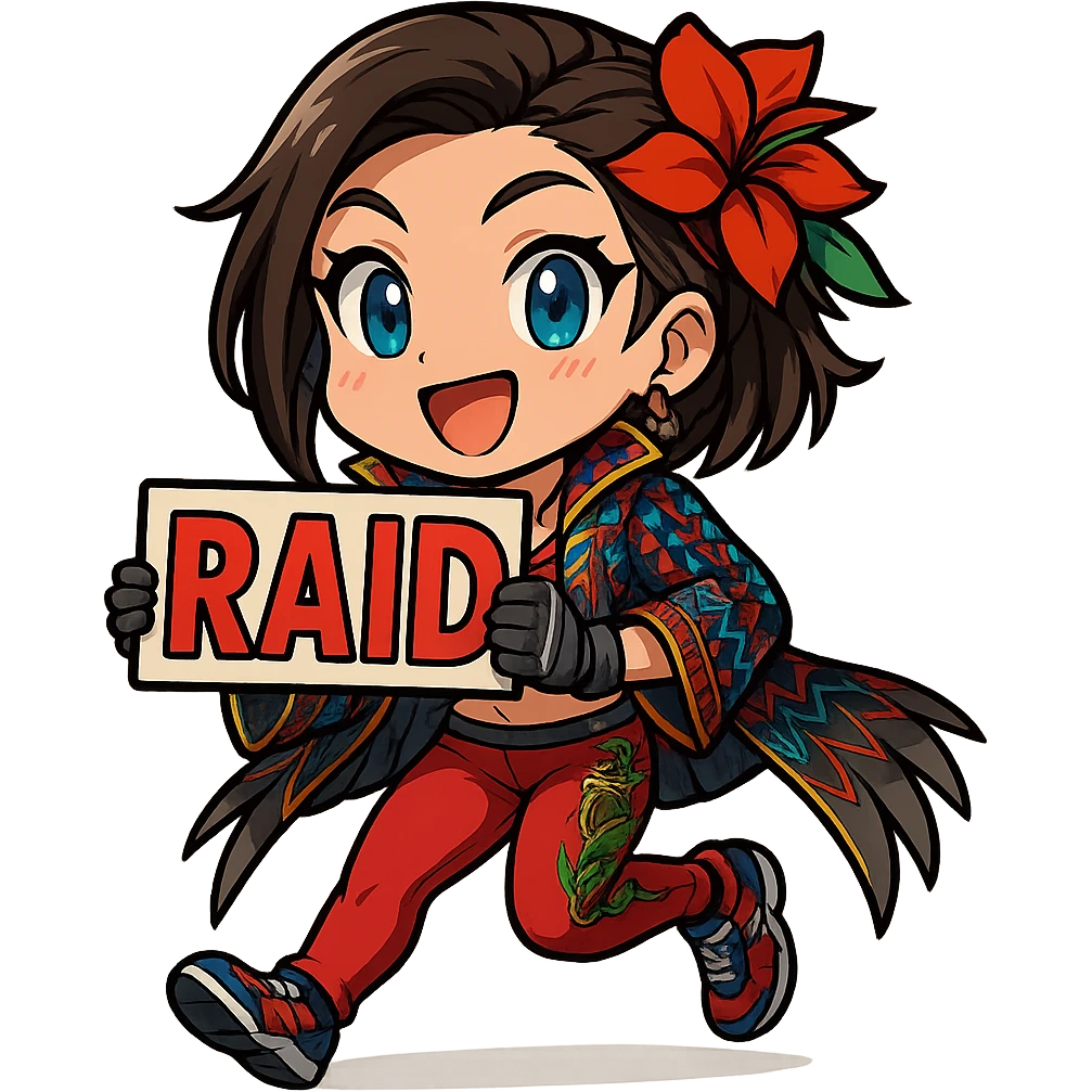 Azucena from Tekken 8 in chibi sticker style, holding a sign that says 'RAID', excited expression, wearing the detailed red and patterned outfit from the reference images, designed for Twitch emote use. emoji