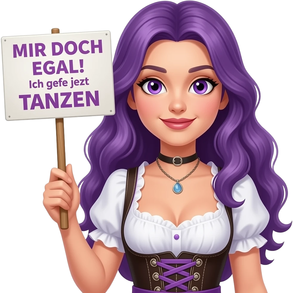 sexy girl with long purple hair and purple eyes wearing a dirndl holding a MIR DOCH EGAL! Ich gehe jetzt TANZEN sign emoji