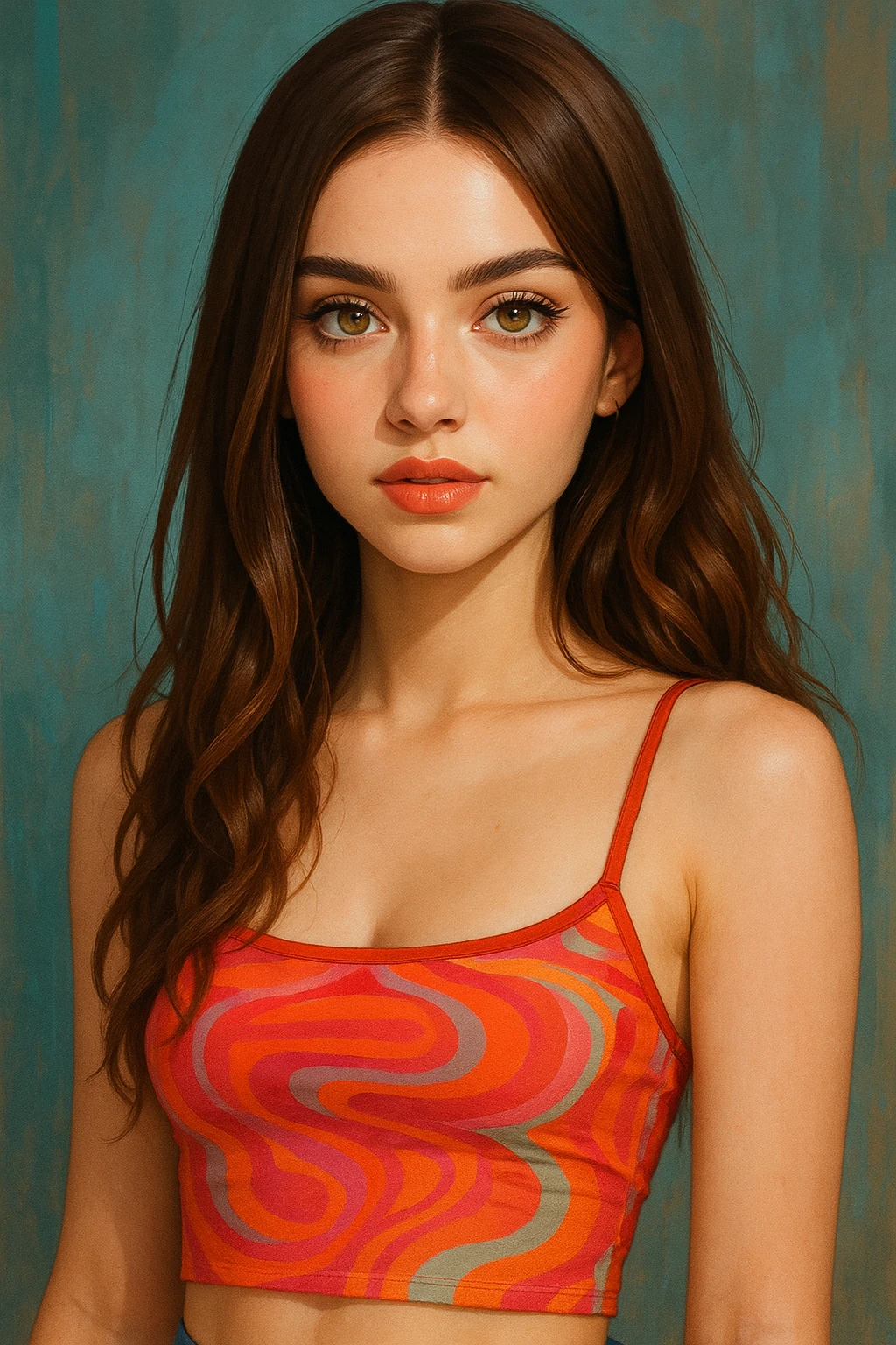 portrait of a girl with brown hair, both straight and wavy, hazel eyes, wearing a baddie style summer top, pale skin emoji