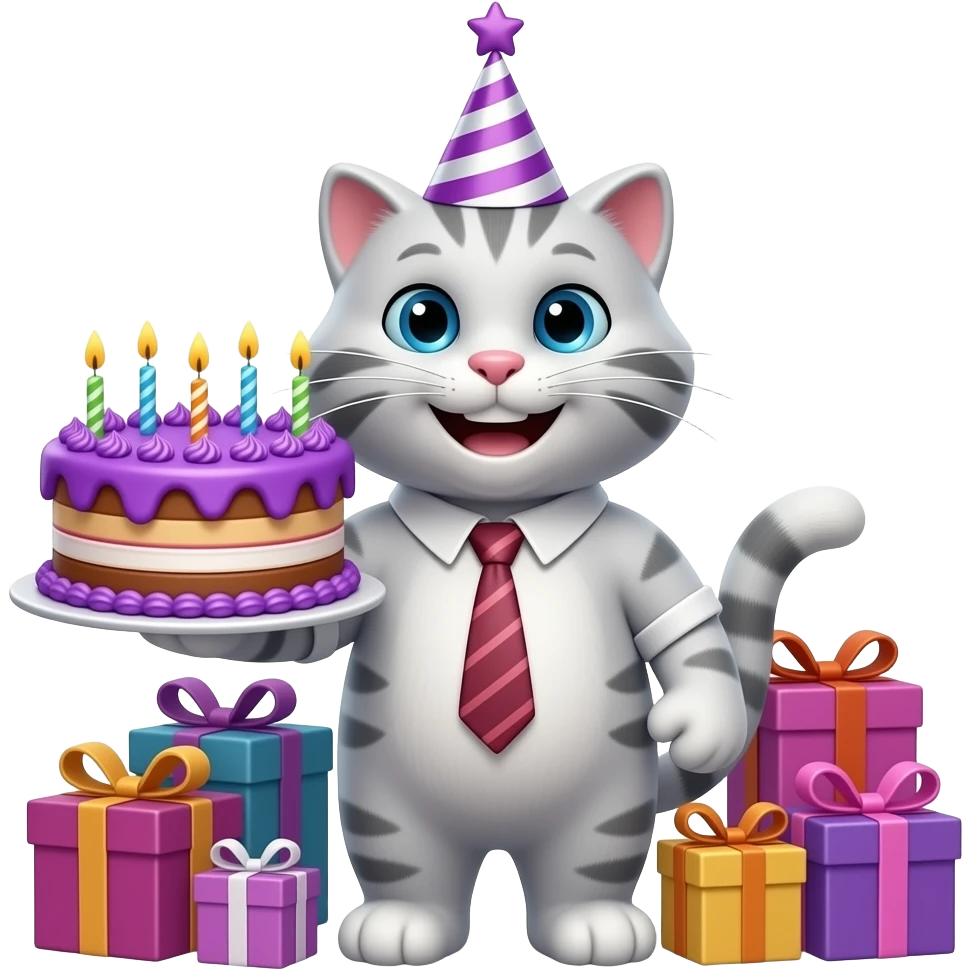 a happy cartoon 3d cat with a birthday hat on holds a big purple 3d bithday cake excessufully decorated with purple creme and candles on, presents behind him emoji