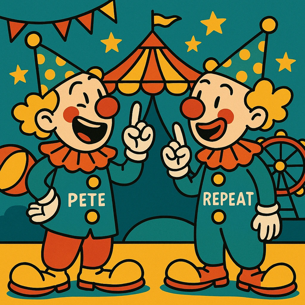 Pete and Repeat as two identical clowns, one telling a joke and the other repeating it, whimsical circus style emoji