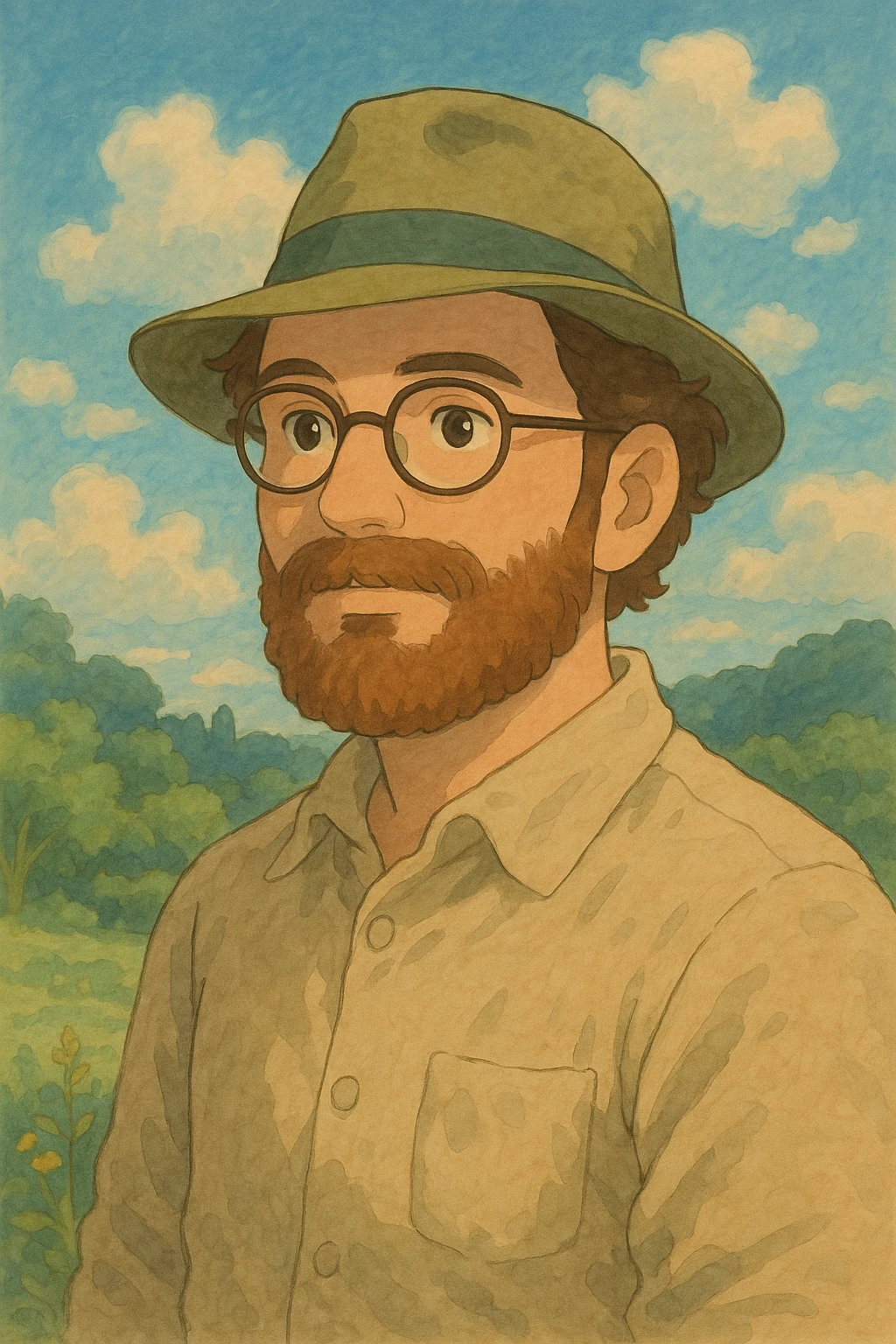 man with hat, beard, and glasses, ghibli style emoji