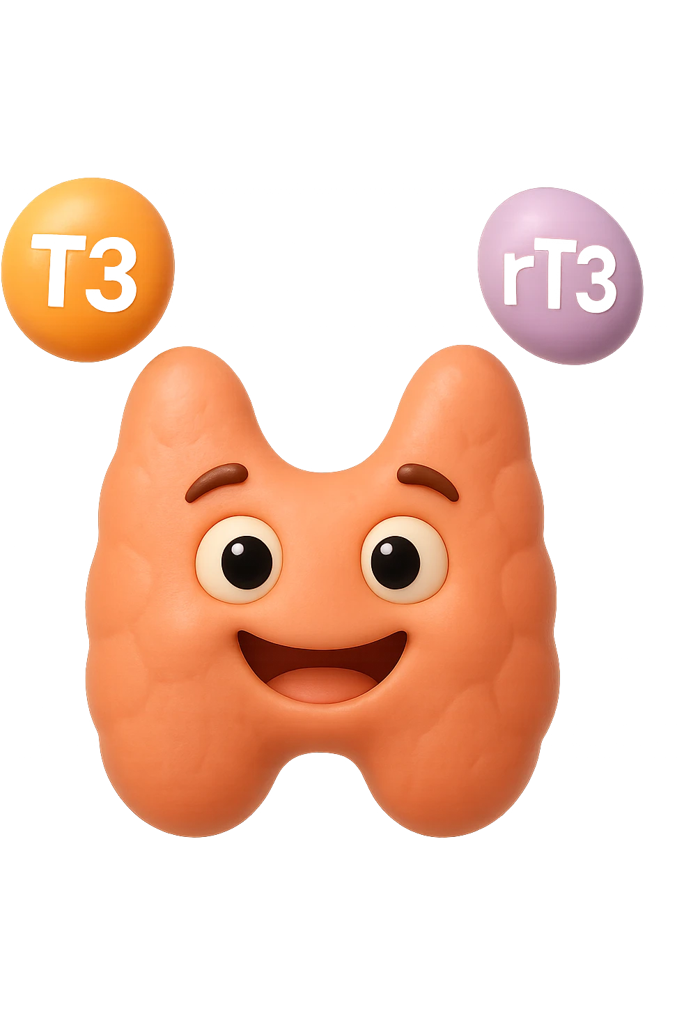 EMOJI STILE IPHONE 3D DI ormoni tiroidei (T3 ed rT3) che fluttuano in aria intorno ad una tiroide felice, iperrealistico 4k emoji