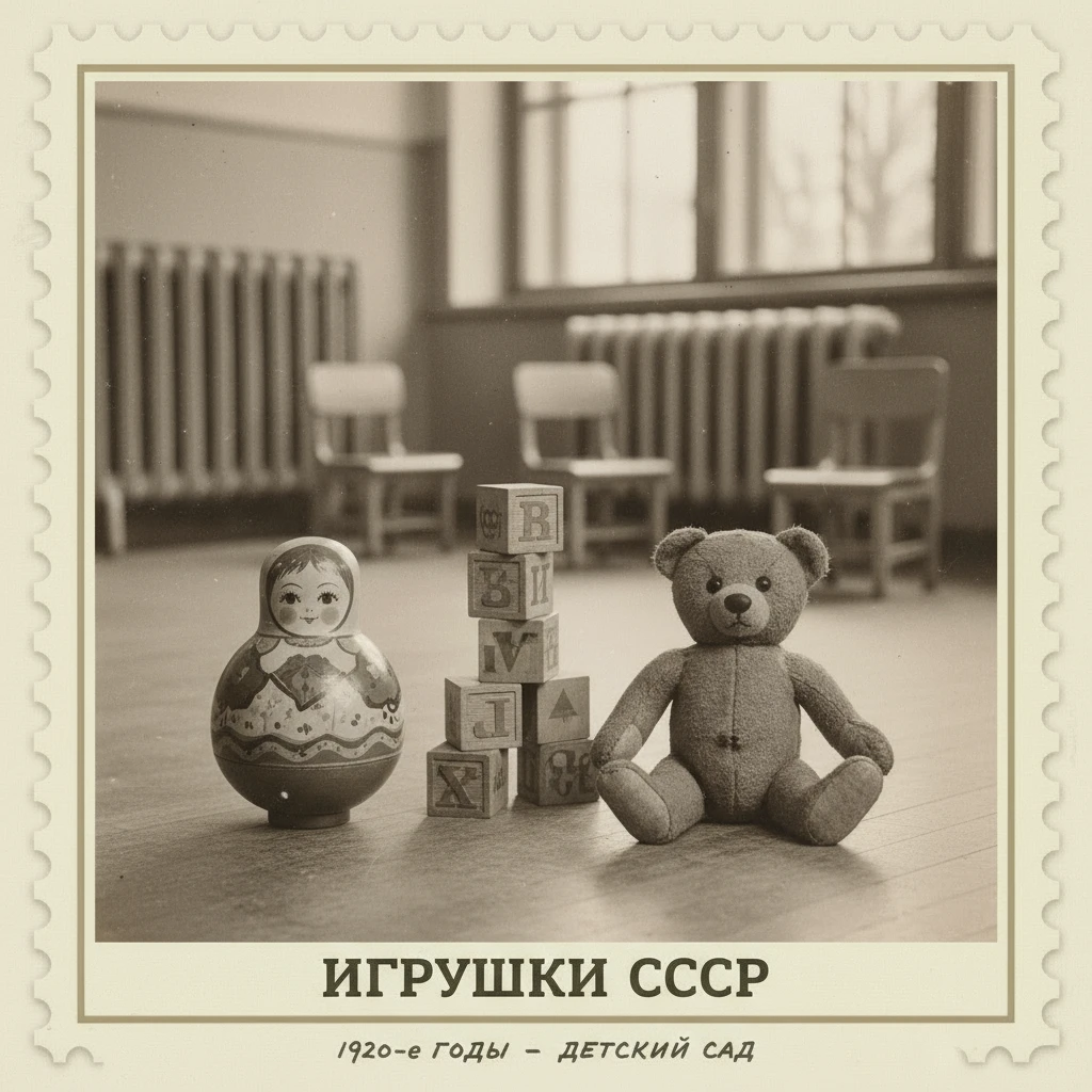 Марка на которой изображены игрушки 1920-х годов в СССР: неваляшка, кубики, медвежонок. На заднем фоне за игрушками - стульчики, батареи и окна детского сада

Стиль марки такой же, как на прикрепленном фото emoji