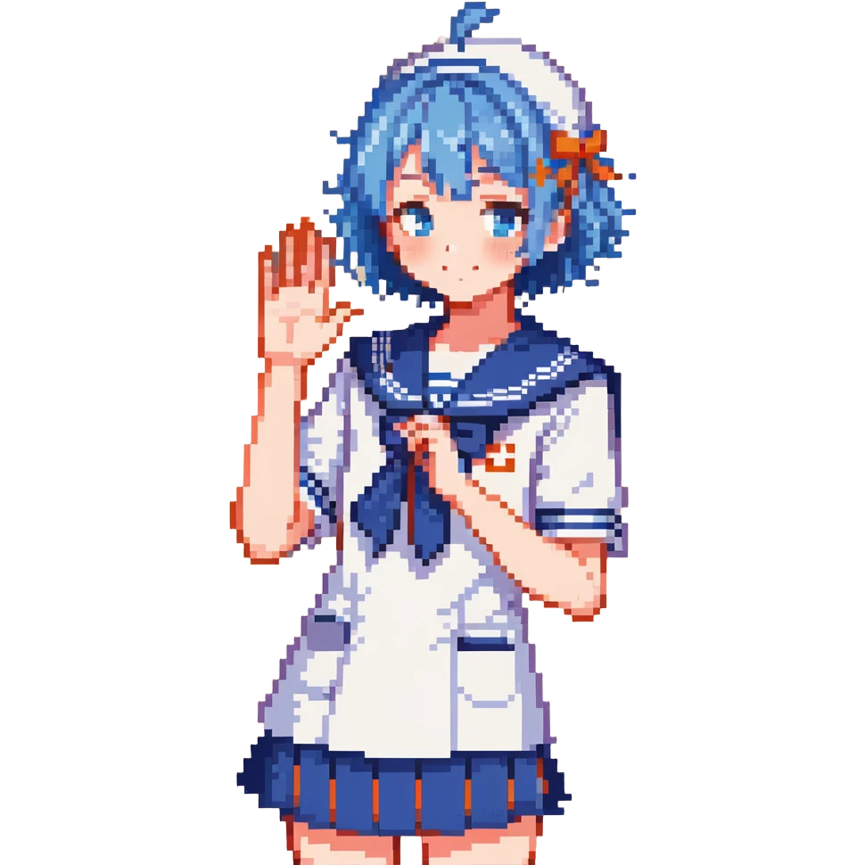 Pixel art anime girl with short bright blue hair wearing Japanese sailor style school uniform, composed posture with hand on hip but shyly waving with other hand, blushing face and timid smile, very shy expression emoji