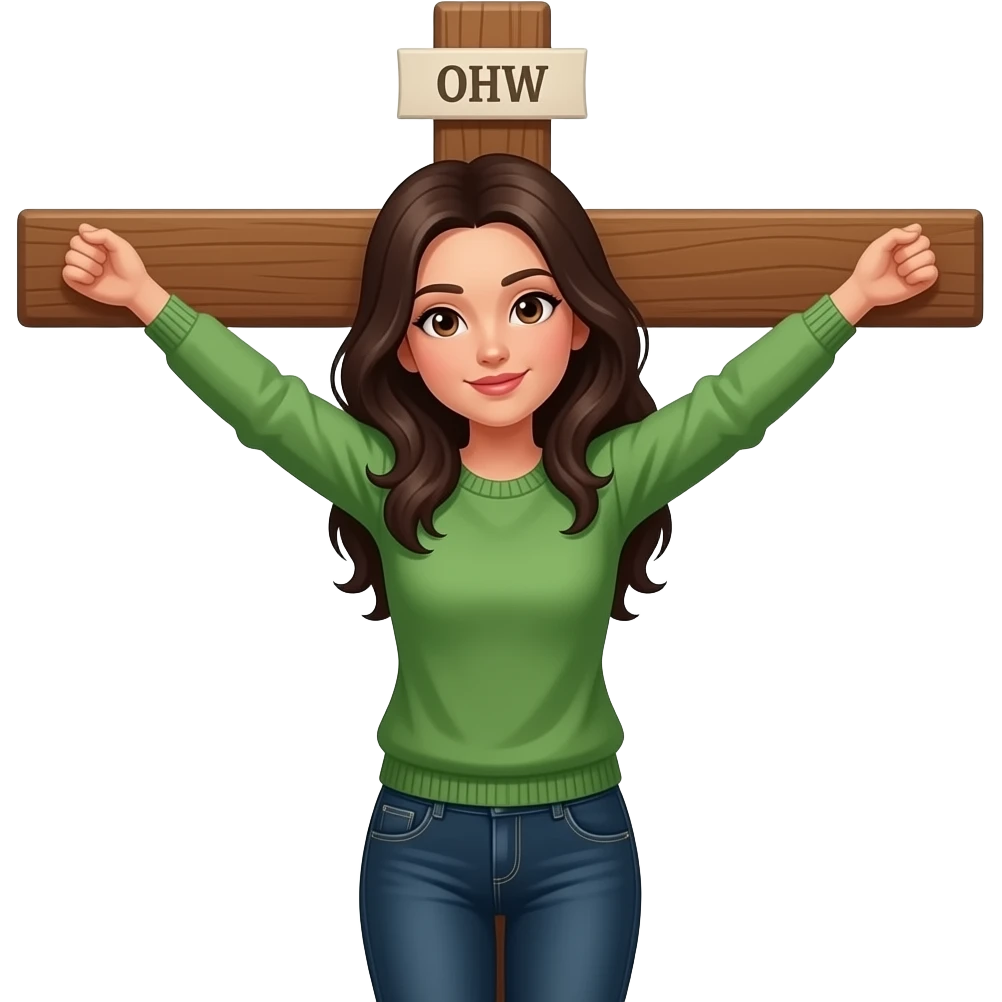 Dark haired woman with brown eyes being crucified in green sweater and jeans dark wash. On cross emoji