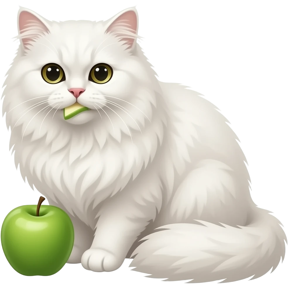 Make me a white fluffy Persian cat eating a green apple emoji