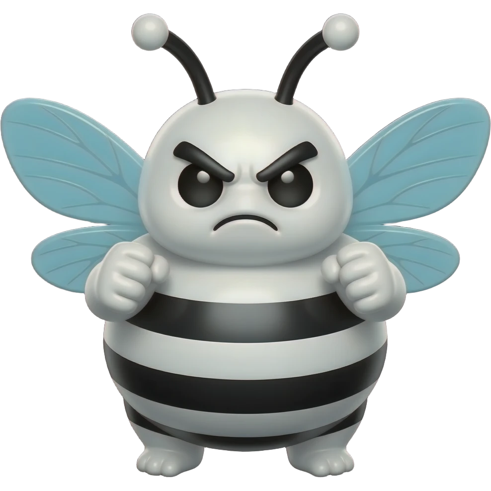 3D cartoon bee emoji, rounded chubby body, black and white stripes, big glossy black eyes, angry furrowed eyebrows, clenched fists raised, light blue transparent wings, black antennae with white round tips, smooth shiny surface, black background emoji