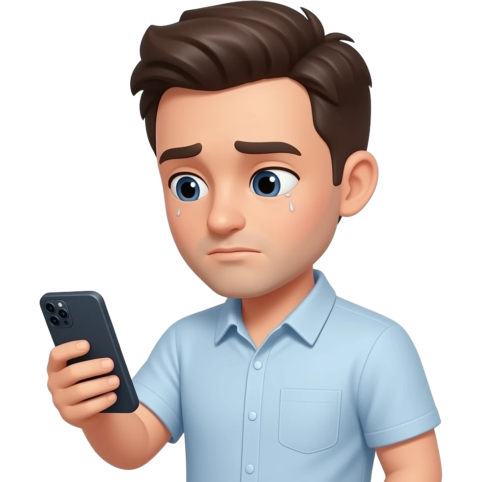 hombre,con celular en mano,prestando atencion en su celular,en el rostro se refleja un poco de cansancio emoji