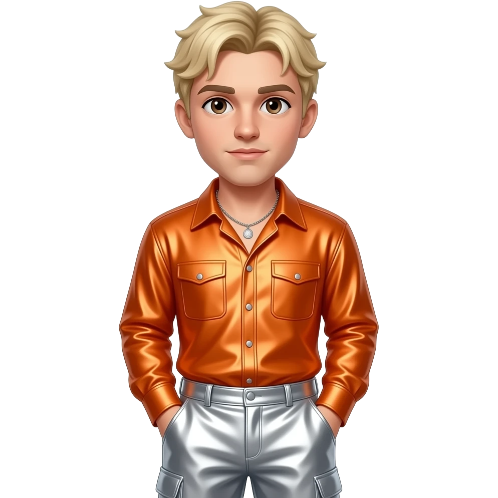 Aaron Carter with blonde hair, brown eyes, orange metallic shirt, silver metallic baggy pants, necklace emoji