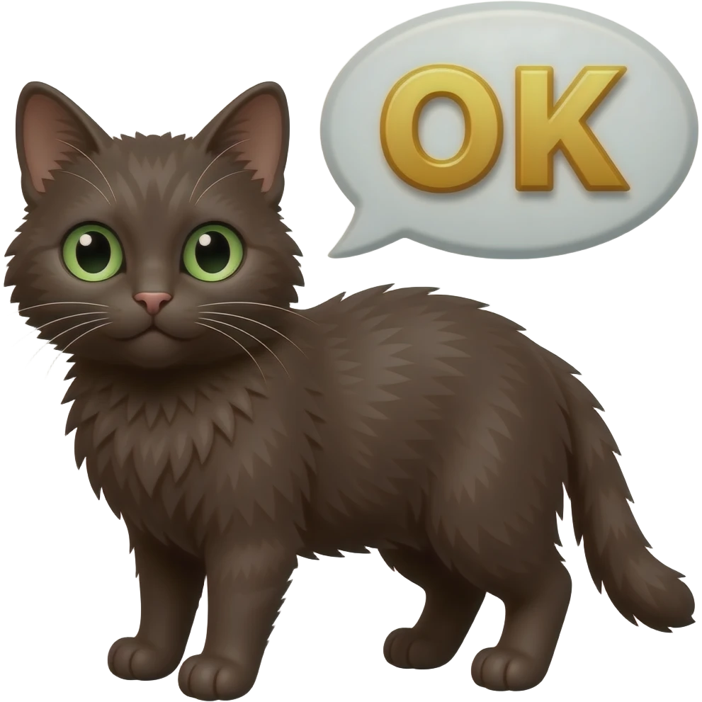 Cute content pitch-dark brown scrunkly cat With no patterns, with green eyes saying “OK” in golden letters with a speech bubble emoji