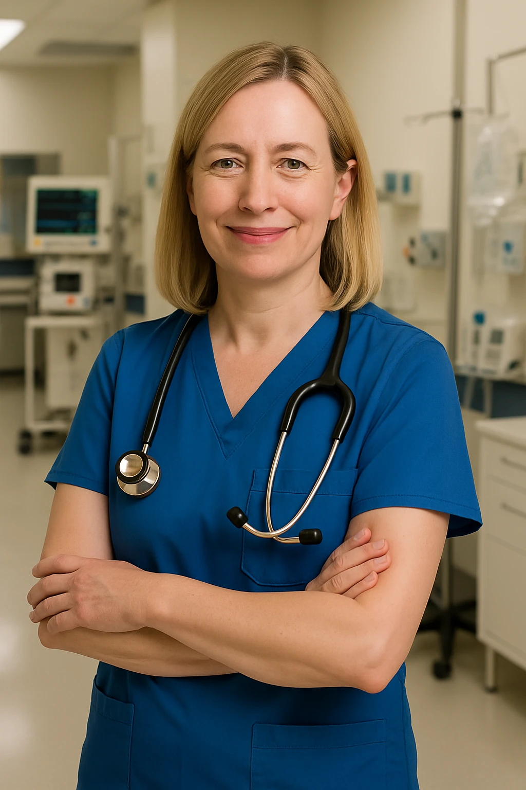 Make Rebecca's hair thinner, blonder, and shoulder length. She should appear slightly older and be smiling, keep her as a doctor in a professional setting, realistic style. emoji