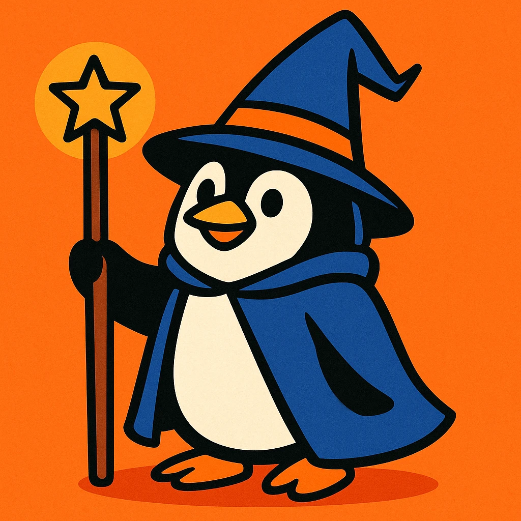A penguin dressed as a wizard, wearing a pointed hat and holding a magic staff, vibrant toon style emoji