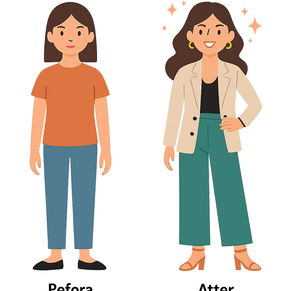 flat toon style girl before and after glow up, fashionable outfit, glowing emoji