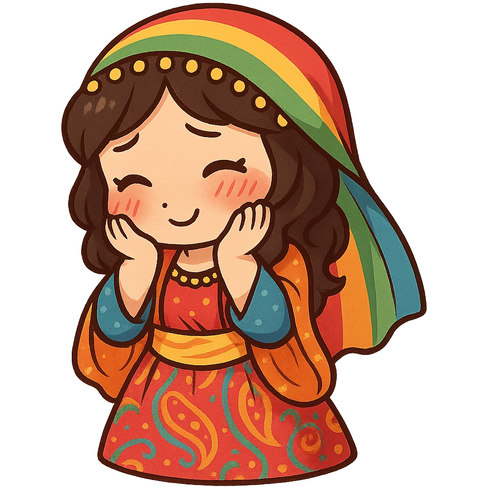 Cartoon sticker of a Kurdish woman in traditional Kurdish female clothing, colorful and cheerful style. Face showing shy and embarrassed expression with red cheeks, looking down or to the side. Both hands on cheeks. No shadows or color halos around the image, no text, suitable for WhatsApp and Instagram, with a fully transparent background. emoji