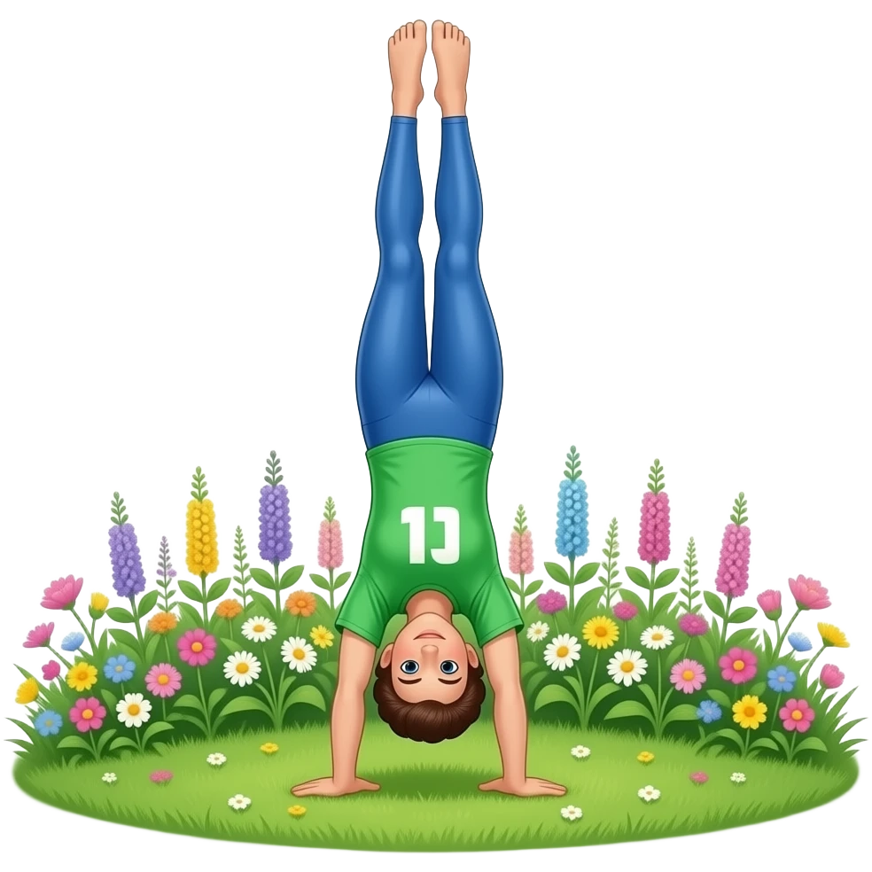 turnerin turnt mit einer airroll in einem Garten mit blumen und grünem gras, die turnerin hat eine blaue lange turnhose und ein grünes turn t-shirt an sie macht einen geraden handstand die wiese ist ganz grün emoji