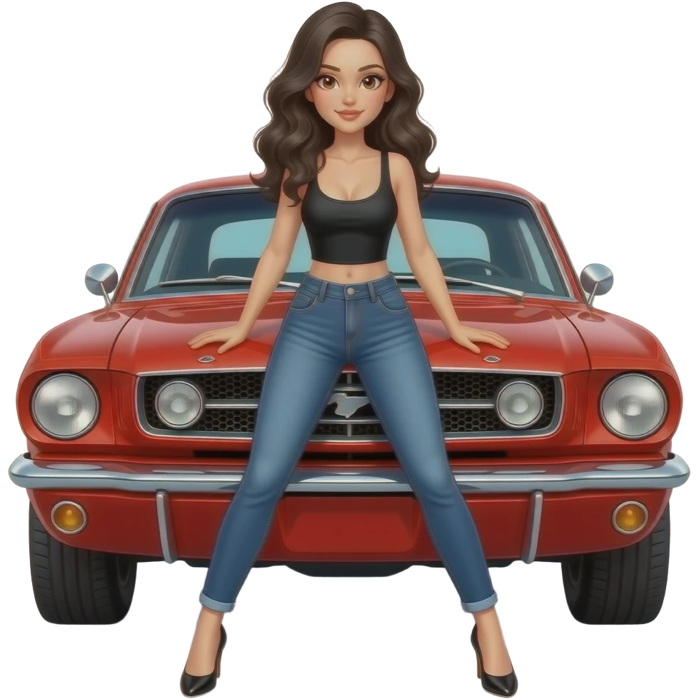 Pale girl with wavy jet black hair and brown eyes in front of a red ford mustang 1968 coupe. Girl wearing a sheer black sleeveless top, low rounded neckline, jeans, high rise panties and heels with visible toes. Legs spread and hands resting on the hood. emoji