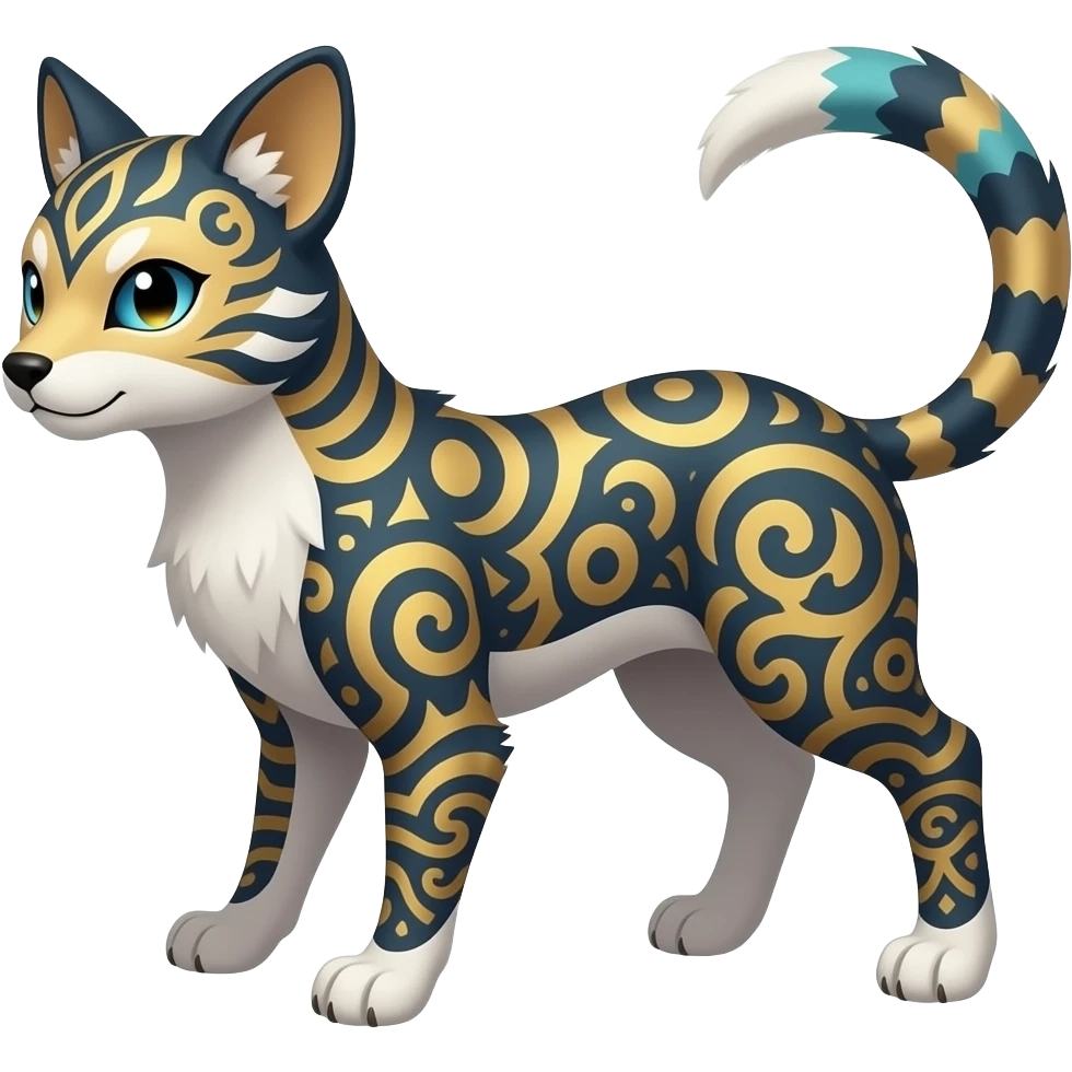 web-scale-patterned ancient Short-legged quadrupedal elegant oriental feral painted Absol-Glaceon-Umbreon-Sprigatito-Furret-Sylveon-animal-Fakémon-fusion-hybrid-creature emoji