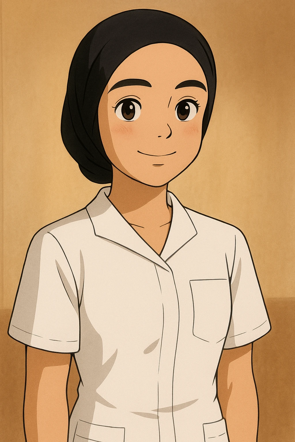 Portrait Ghibli style of a student nurse in a white short-sleeve nursing uniform with a V-neck medical tunic, left chest pocket, no collar stand, no stethoscope, warm indoor ambiance, neutral wall-style background, no clothing under the tunic. emoji