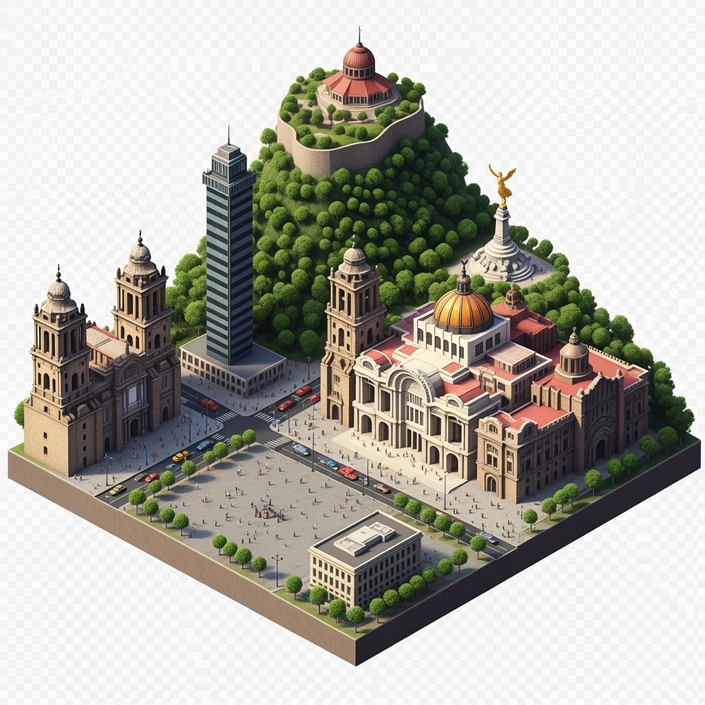 Isometric diorama of Mexico City iconic landmarks: Zócalo square with Metropolitan Cathedral, Palacio de Bellas Artes, Torre Latinoamericana, Chapultepec Castle, and Angel of Independence, atmosphere of the city 3D miniature effect and Tilt Shift effect, no cartoonish look, transparent background. emoji