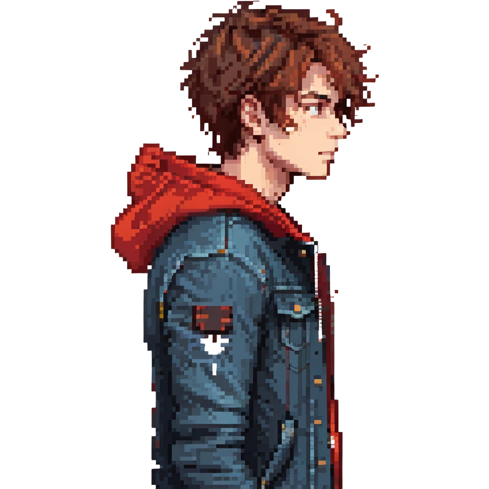 Pixel art character, young man with dark jacket, red hoodie, brown messy hair, jeans, scar on left eyebrow, confident face, retro arcade sprite style, side view emoji