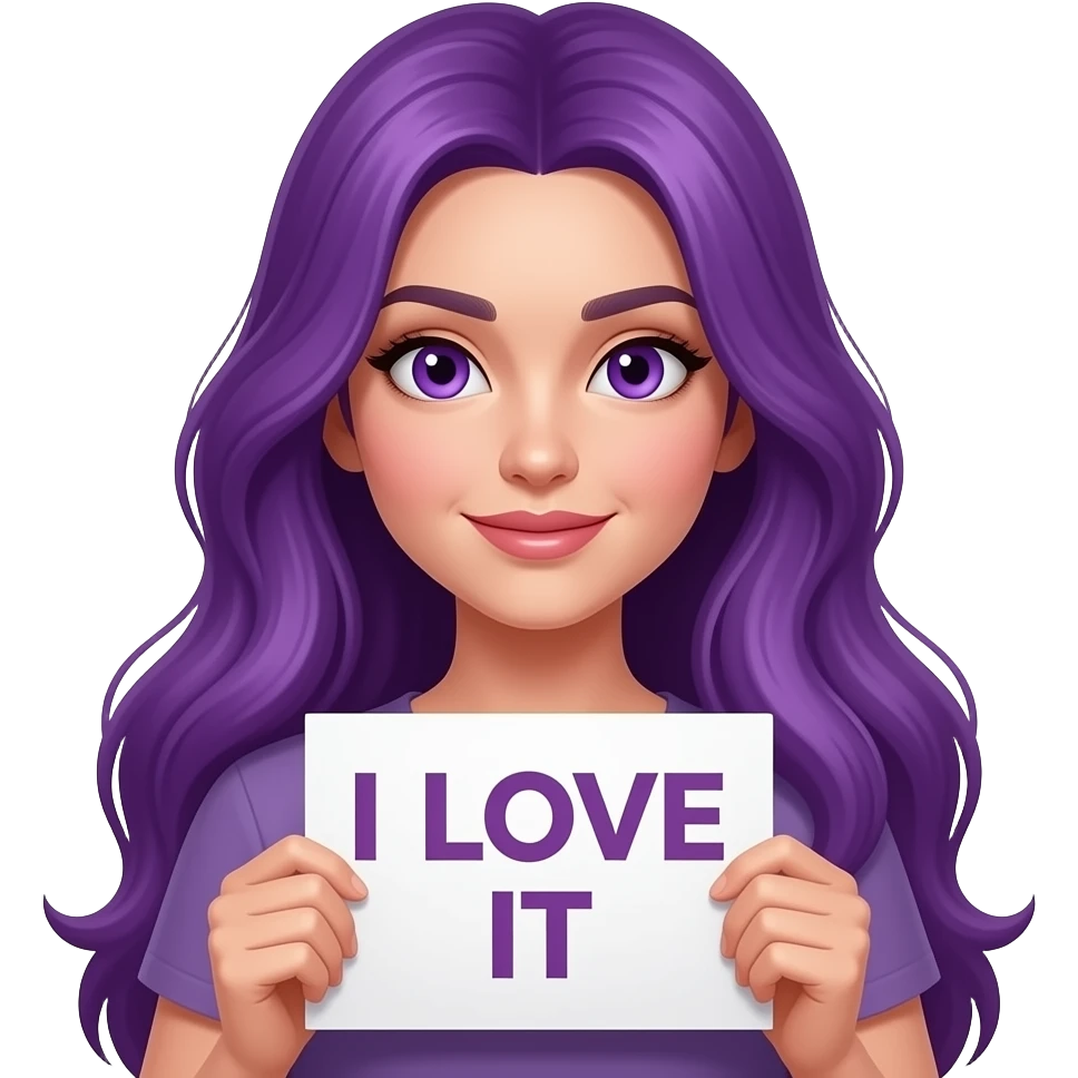sexy girl with long purple hair and purple eyes holding a I LOVE IT sign emoji