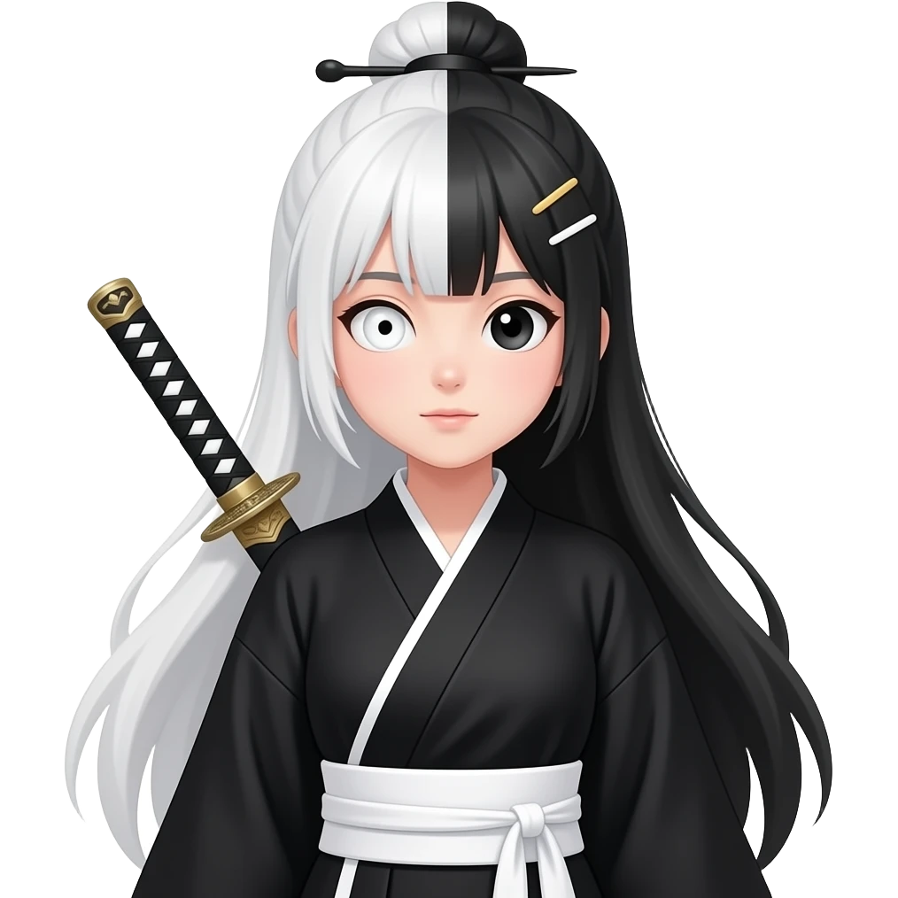 A girl with half-white, half-black hair, long and tied into a bun with some hair down, with black and white pins in her bun. She has one eye with a white pupil, while one is a black pupil. She wears a black  and white hanfu, a hanfu jacket, and a dao sword on her white belt emoji