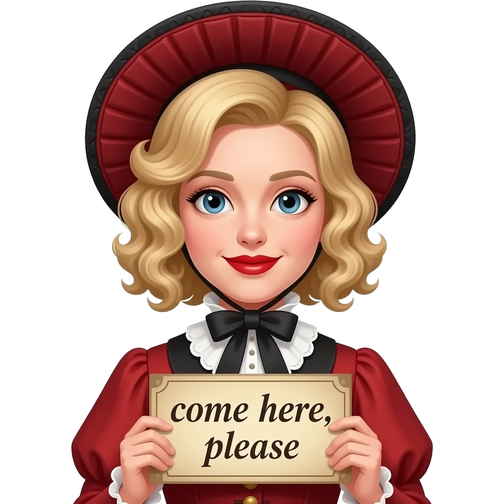 short blonde with spiral curly hair side swept bob pinned in a French twist  with a vintage sign saying come here, please in an 1800 red outfit  and victorian hat in red lipstick emoji