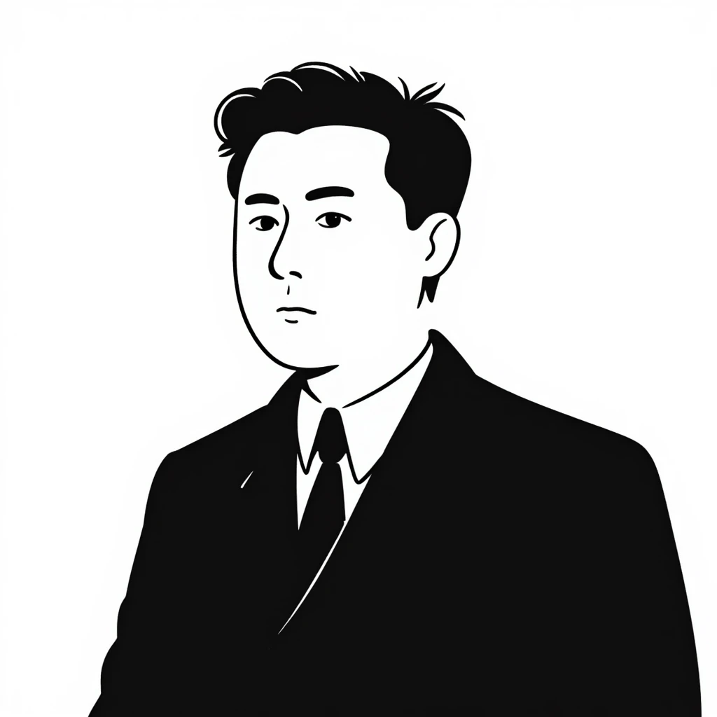 Portrait of a North Korean man, serious and stern, official portrait of a chief engineer at a shipyard, wearing formal dark clothing, neutral background, restrained style, DPRK propaganda style portrait, minimalist, masculine, confident gaze emoji