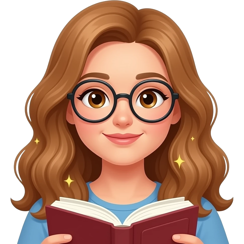 detailed emoji illustration of a curvy woman with long light brown wavy hair, light brown eyes and round glasses reading a book with dreamy thoughts or sparkles around her head, immersive reading vibe, cute emoji style emoji