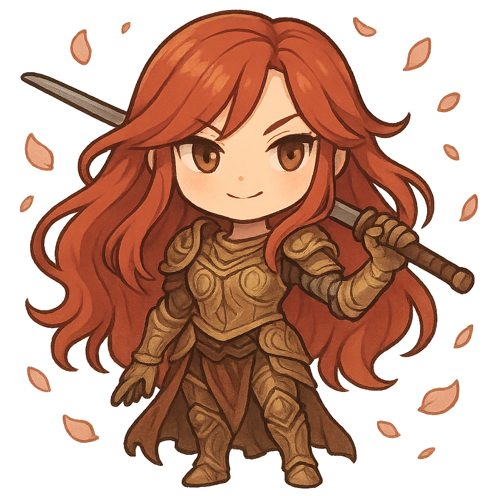 Malenia, Blade of Miquella, chibi style, without helmet, long red hair, golden armor, prosthetic arm, katana resting on shoulder, surrounded by petals, cute and powerful emoji