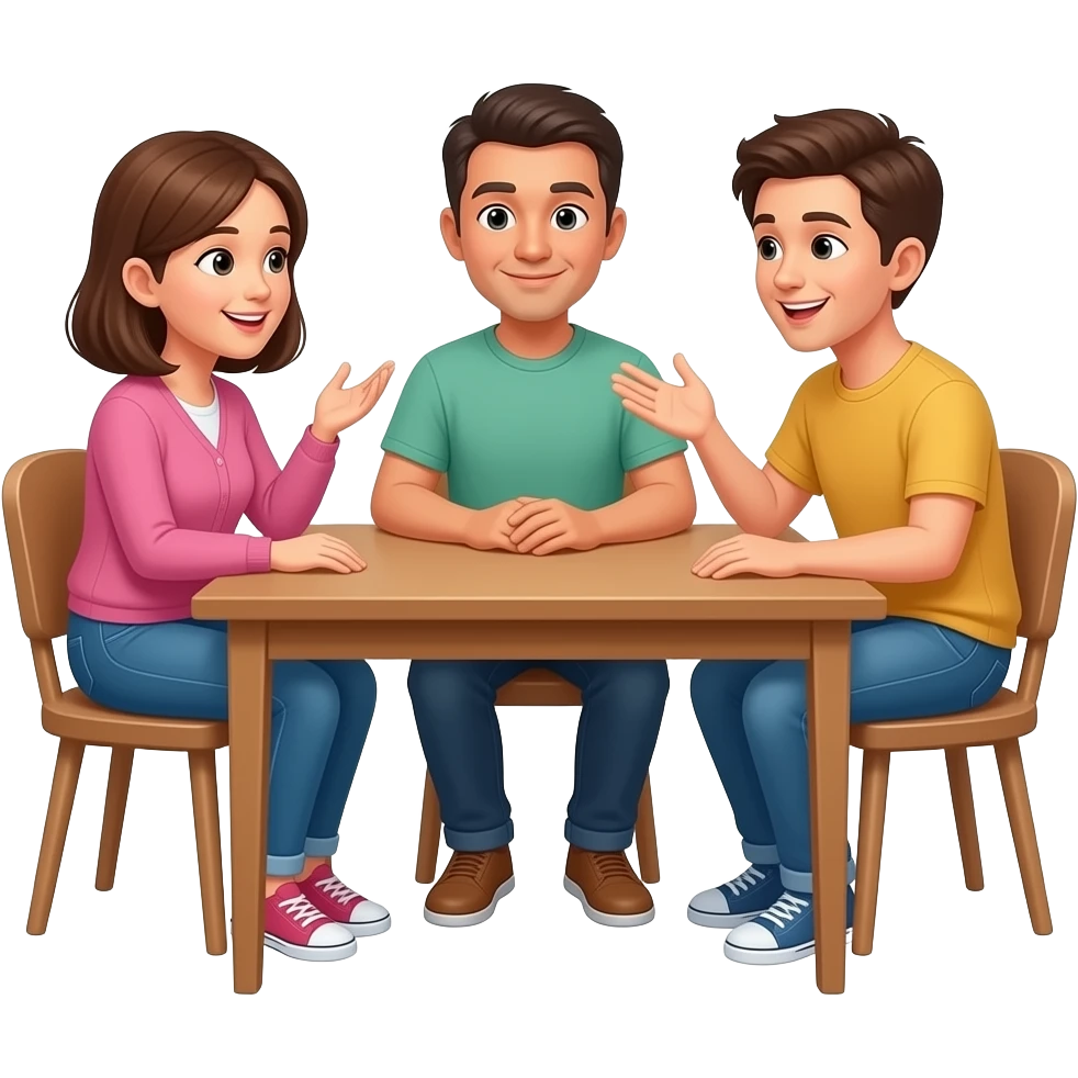 Dialogue between two adults and a teenager sitting at the table at home looking at each other in a conversational mood, hands moving, faces speaking emoji
