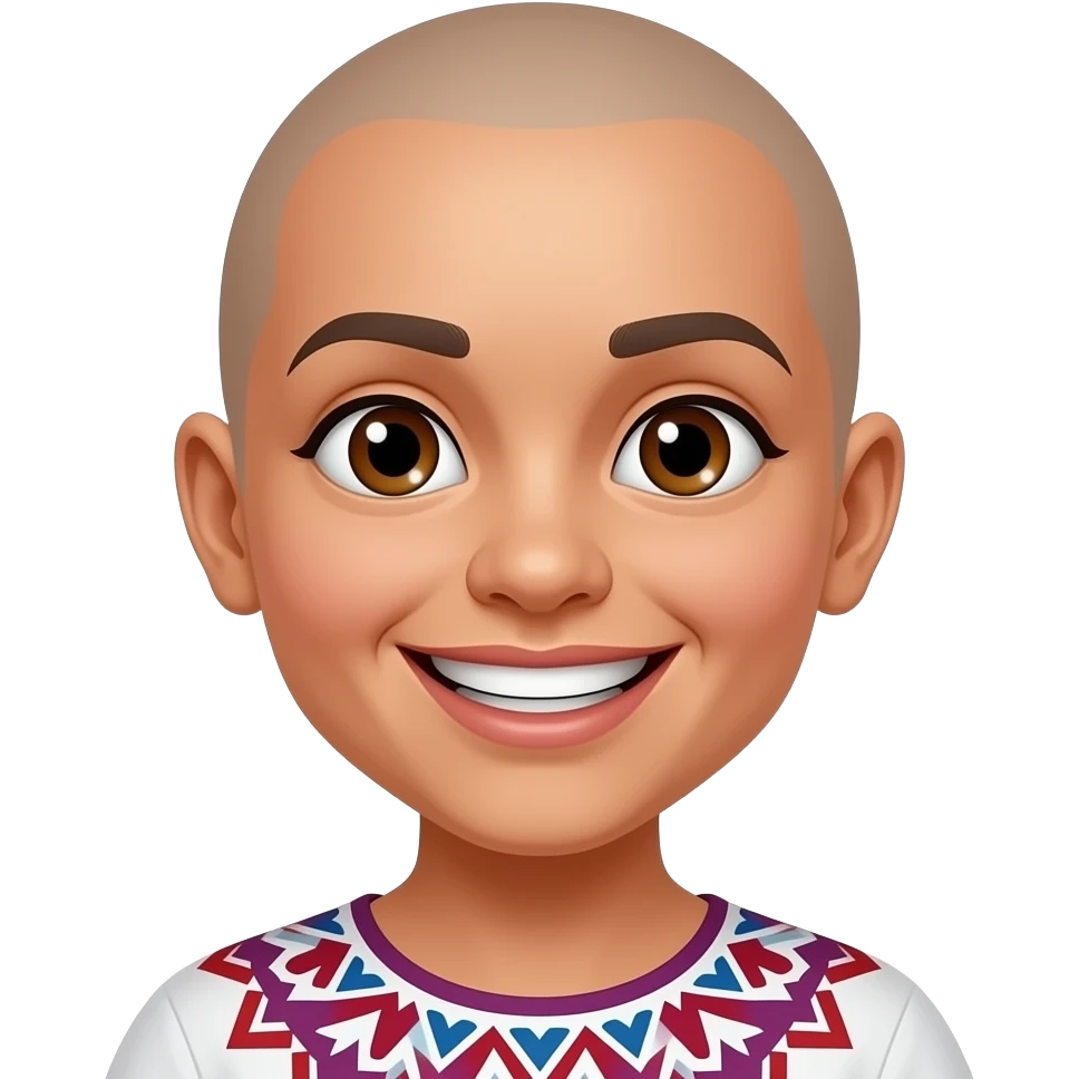 Mexican girl brown eyes whos bald snd and had a wide smile showing both sides of her teeth emoji