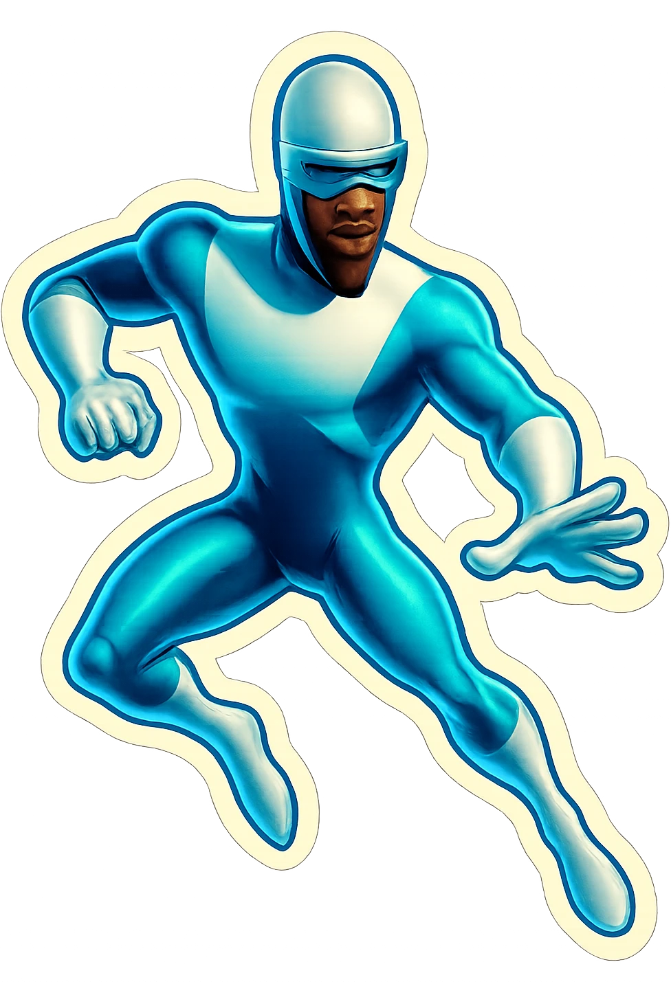 Frozone-inspired superhero, cool sunglasses, action stance, icy blue and white color scheme, retro sticker style emoji