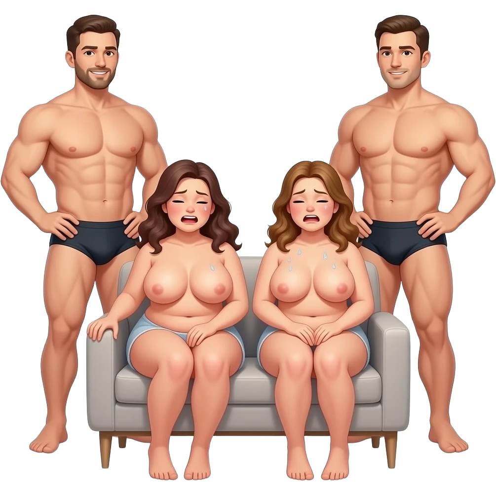 Naked women with massive boobs moaning and sweating sitting with naked men standing with big dicks emoji