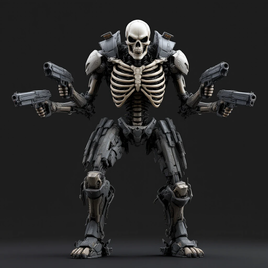 Create an intimidating sci-fi skull tank with a humanoid ribcage torso featuring four arms, each holding a gun. The figure has no legs; the spine attaches directly to a bulky tank chassis. The pose is aggressive. Render in Flux Pro style. emoji