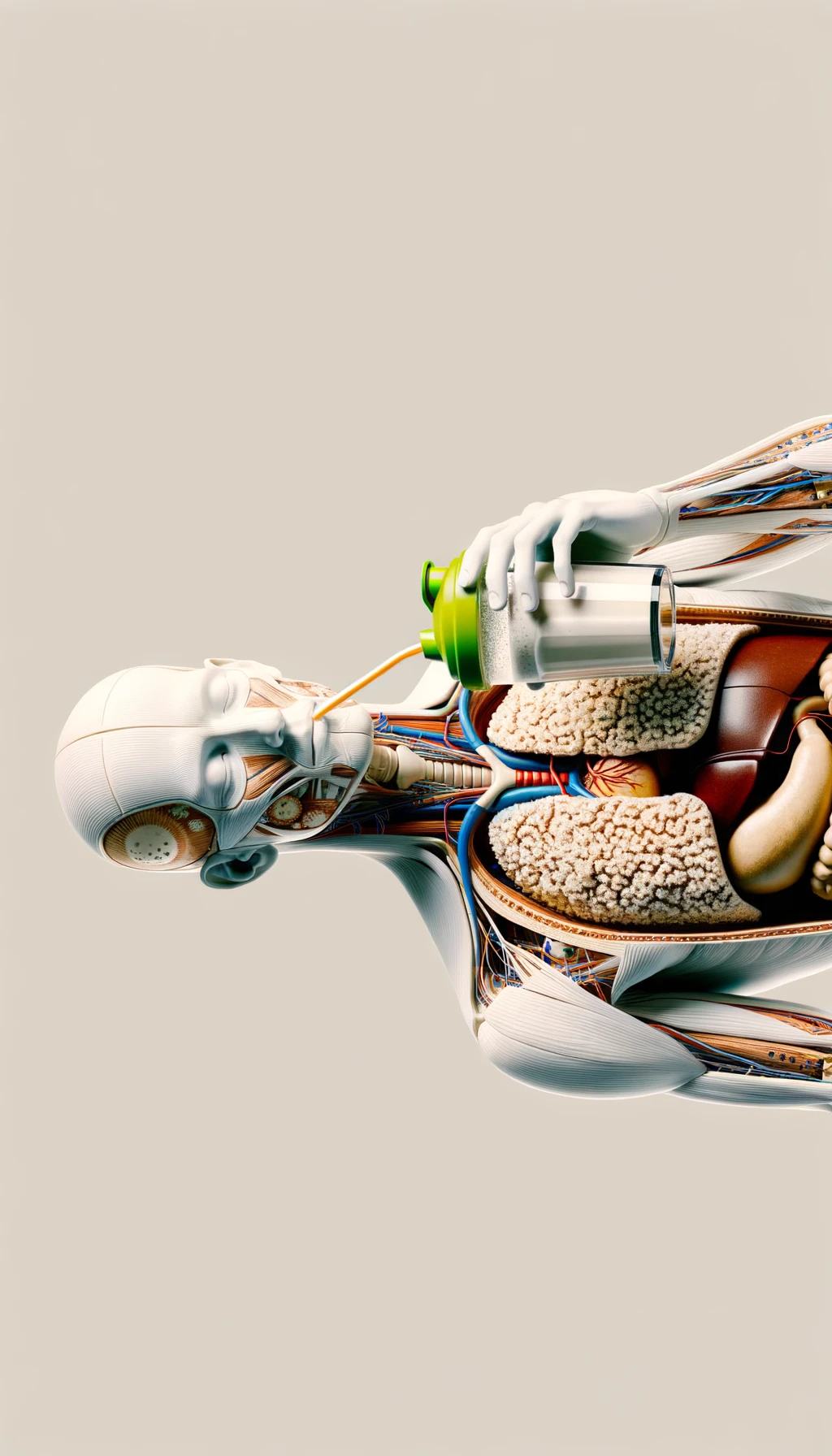 CORPO UMANO ANATOMICO CON OCCHI CHIUSI MENTRE BEVE UNO SHAKER PROTEICO, ORGANI IN EVIDENZA, IPERREALISTICO SFONDO CHIARO NEUTRO emoji