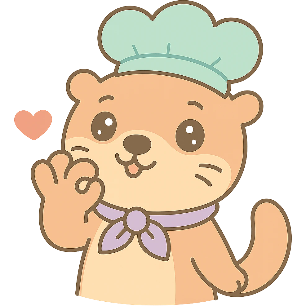 Move the otter's hand so it is almost touching its mouth in the chef's kiss gesture, keep the red heart, kawaii style with transparent background. emoji