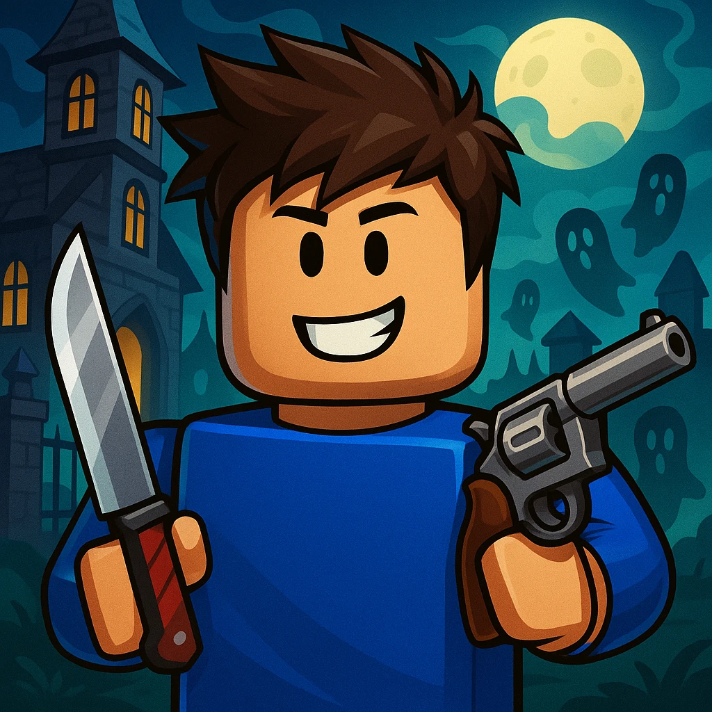 Roblox avatar for mohmmed_123000fr in MM2, close-up portrait, with MM2 background elements, vibrant and game-accurate style emoji