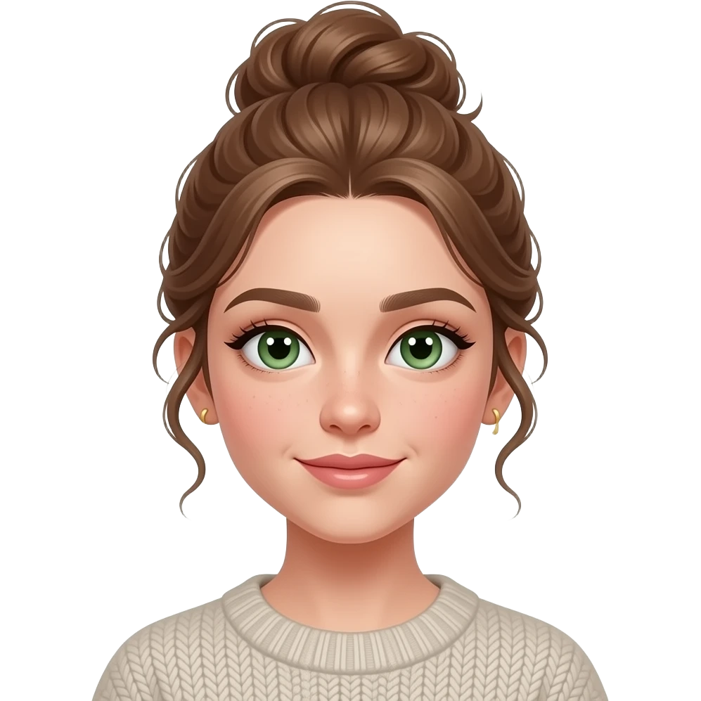 fille cheveux bruns clair 18 ans, yeux verts, cheveux en chignon haut ondulés,maquillage, botox, pull, anneaux dorés aux oreilles emoji