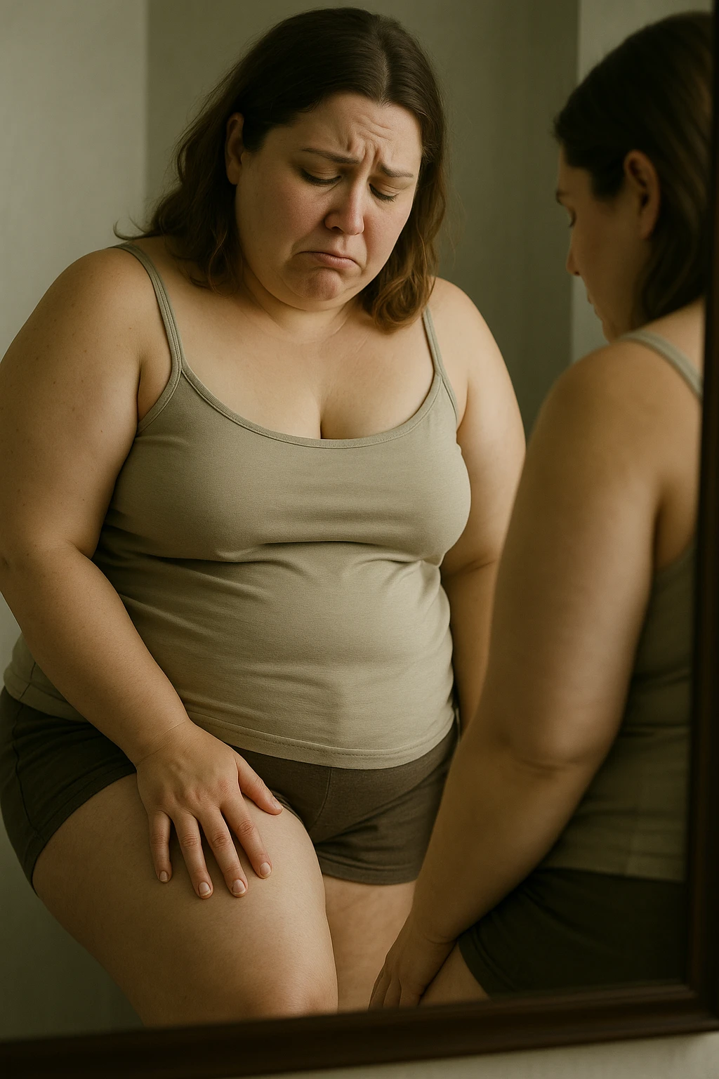 donna in leggero sovrappeso che si guarda allo specchio toccandosi la coscia grassa con espressione triste, IPERREALISTICA 4K emoji